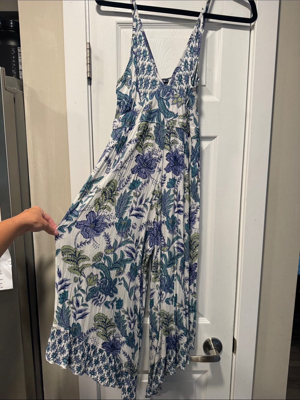 Angie White Floral V-Neck Wide Leg Jumpsuit with Blue and Green Print